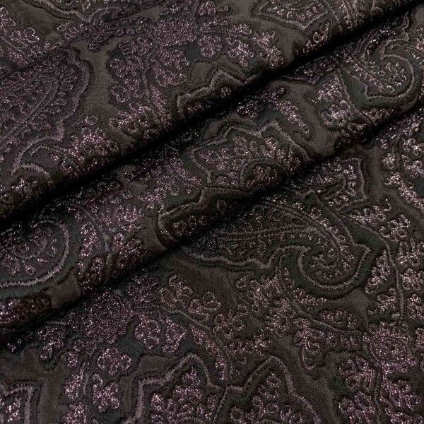 Brocado Italiano Paisley Preto com Lurex Roxo